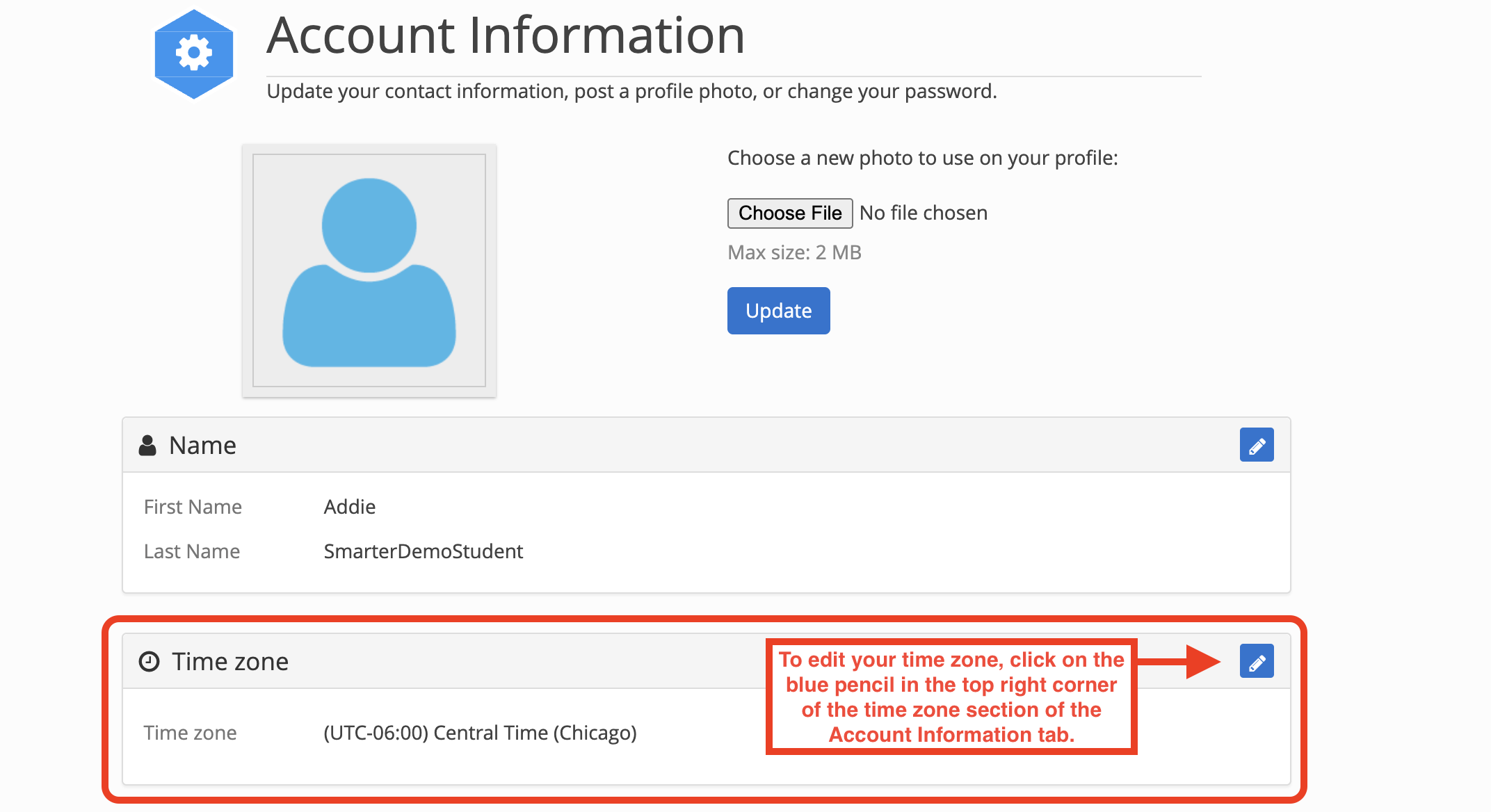 View the Time Zone box and click on the blue pencil icon in the top right corner to edit your time zone.